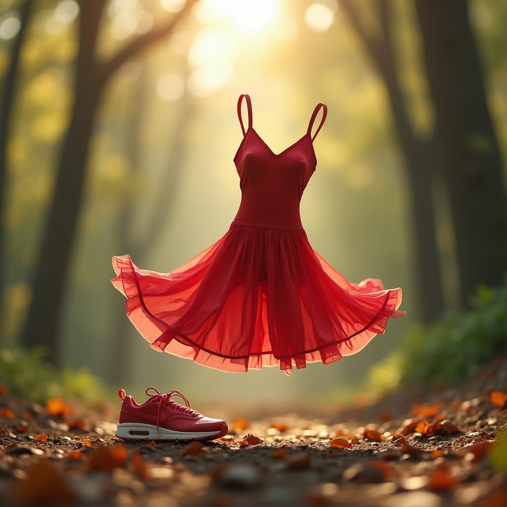 Whimsical Red Swimsuit Dances in Sunlit Forest