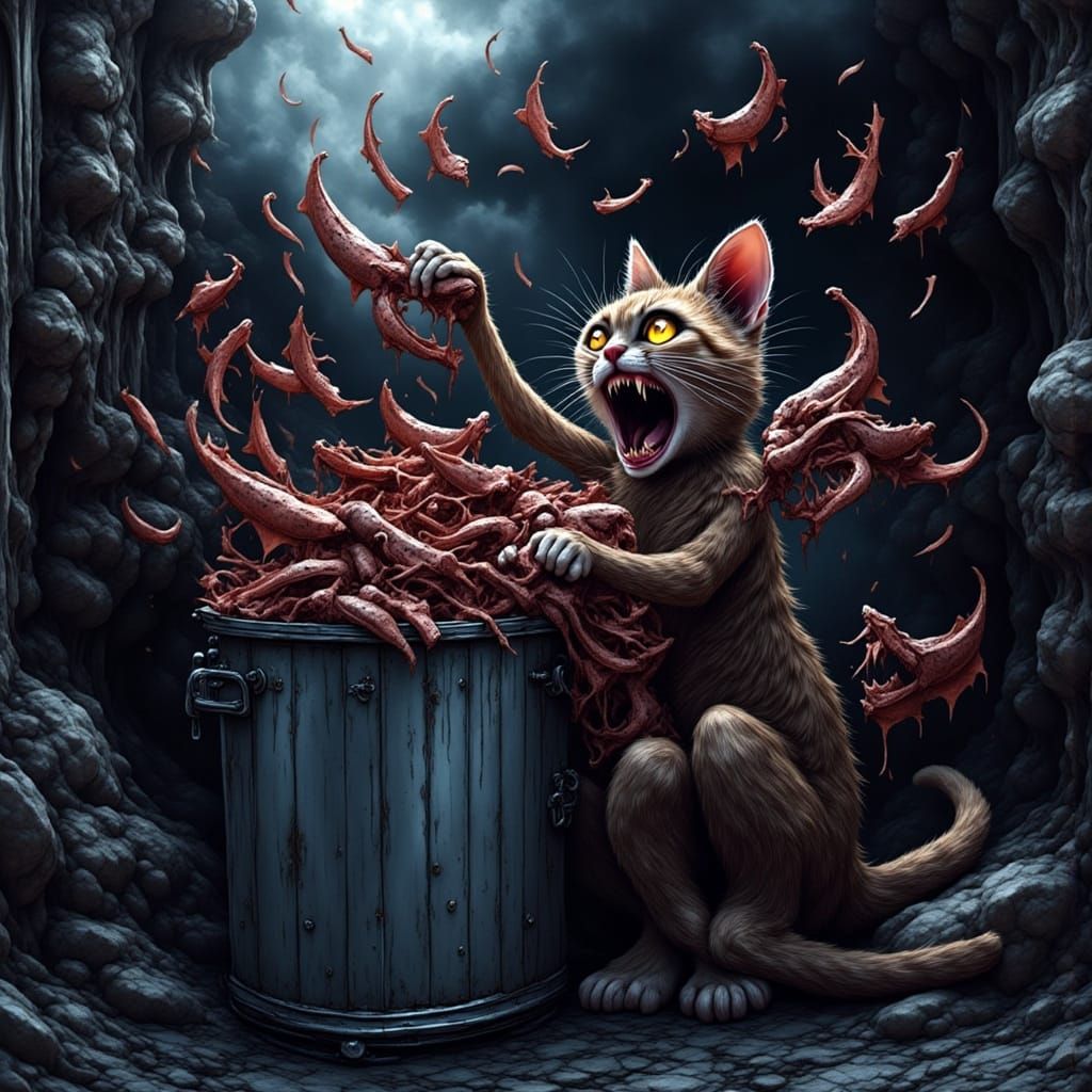 Grungy Alley Cat Eats Fish Bones in Vect Oblivion Style