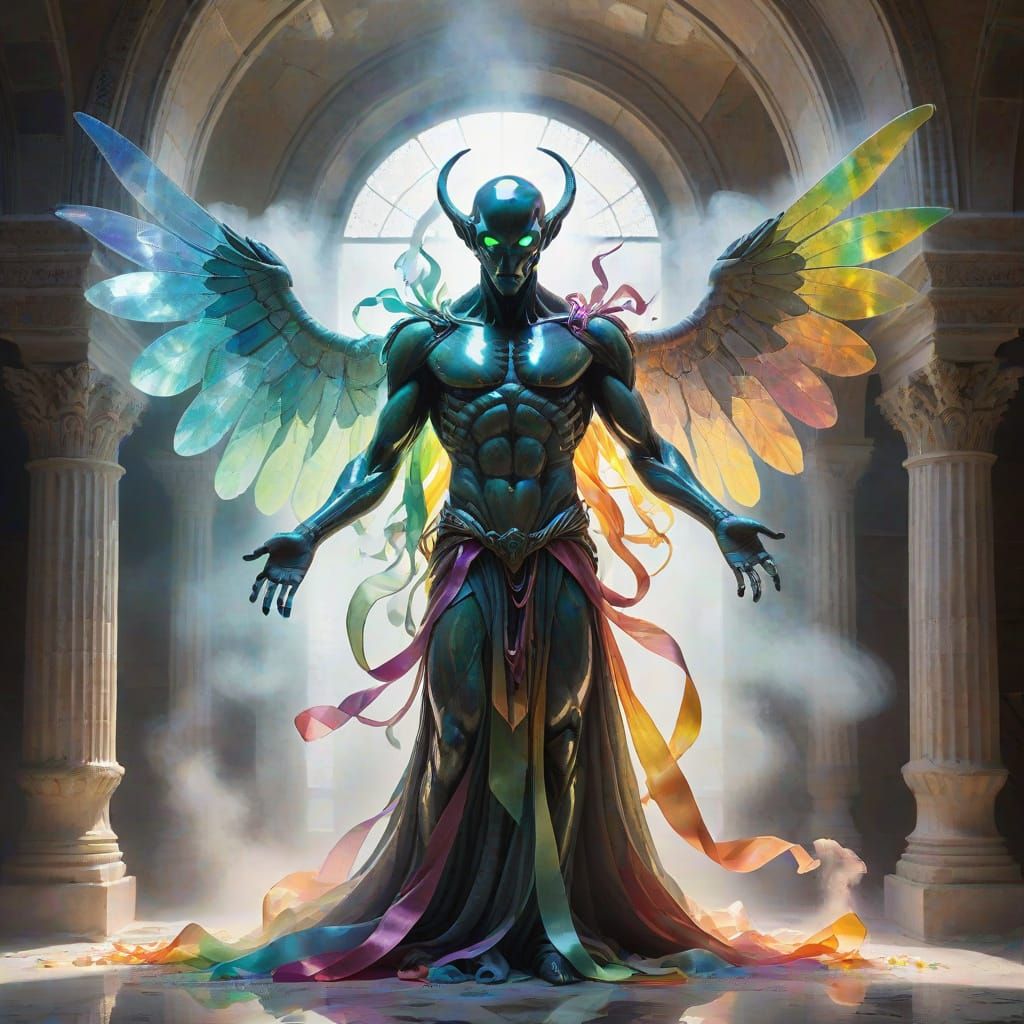 Ethereal Winged Phantom in Crumbling Marble Sanctum