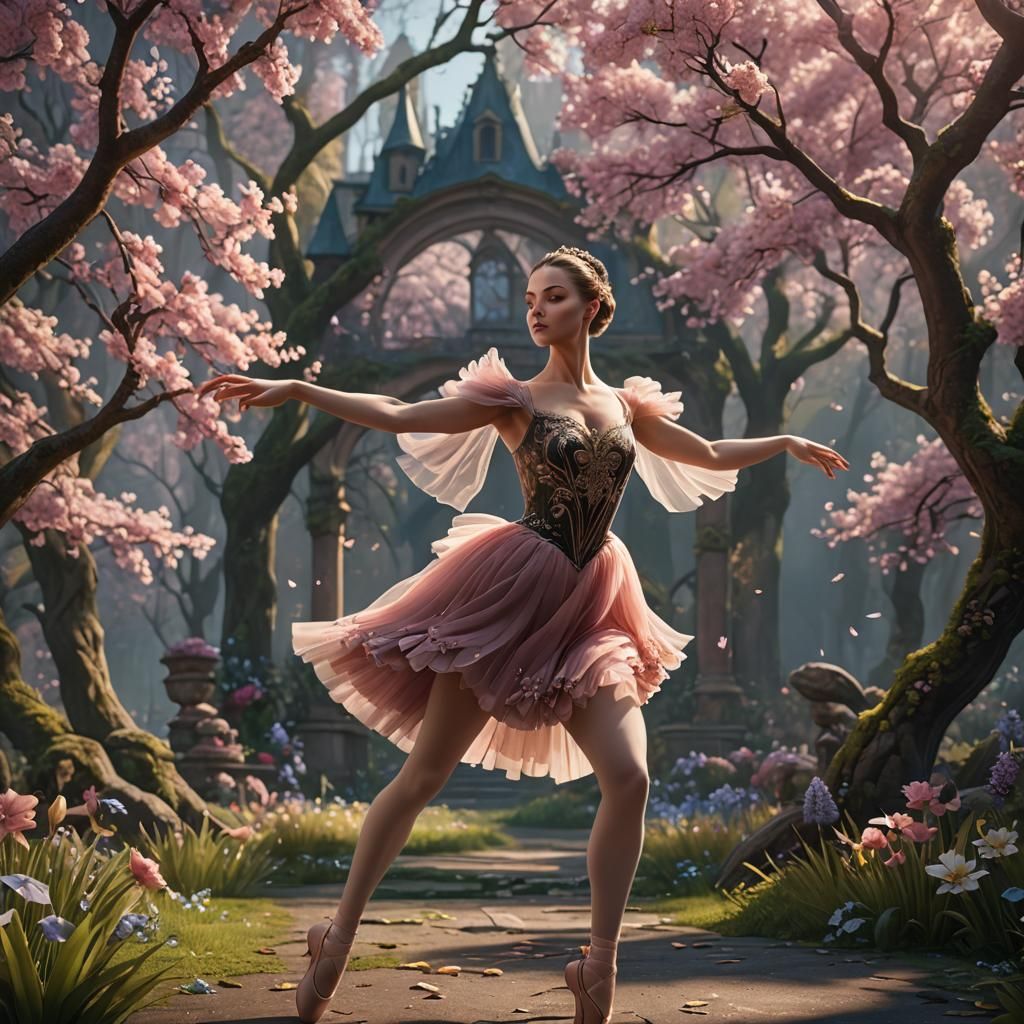 Ballerina Dancing in Spring: Detailed Matte Painting