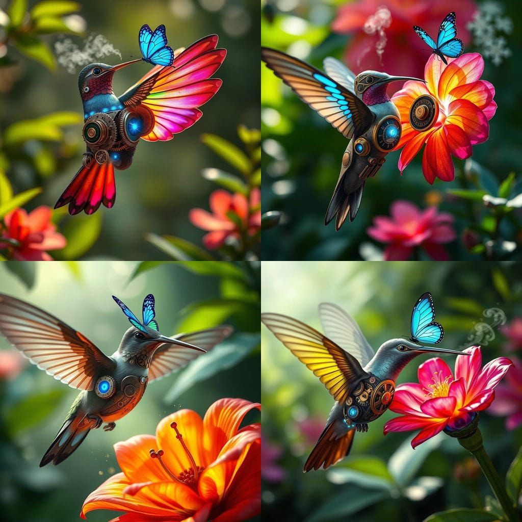 Steampunk Hummingbird with Exotic Flower