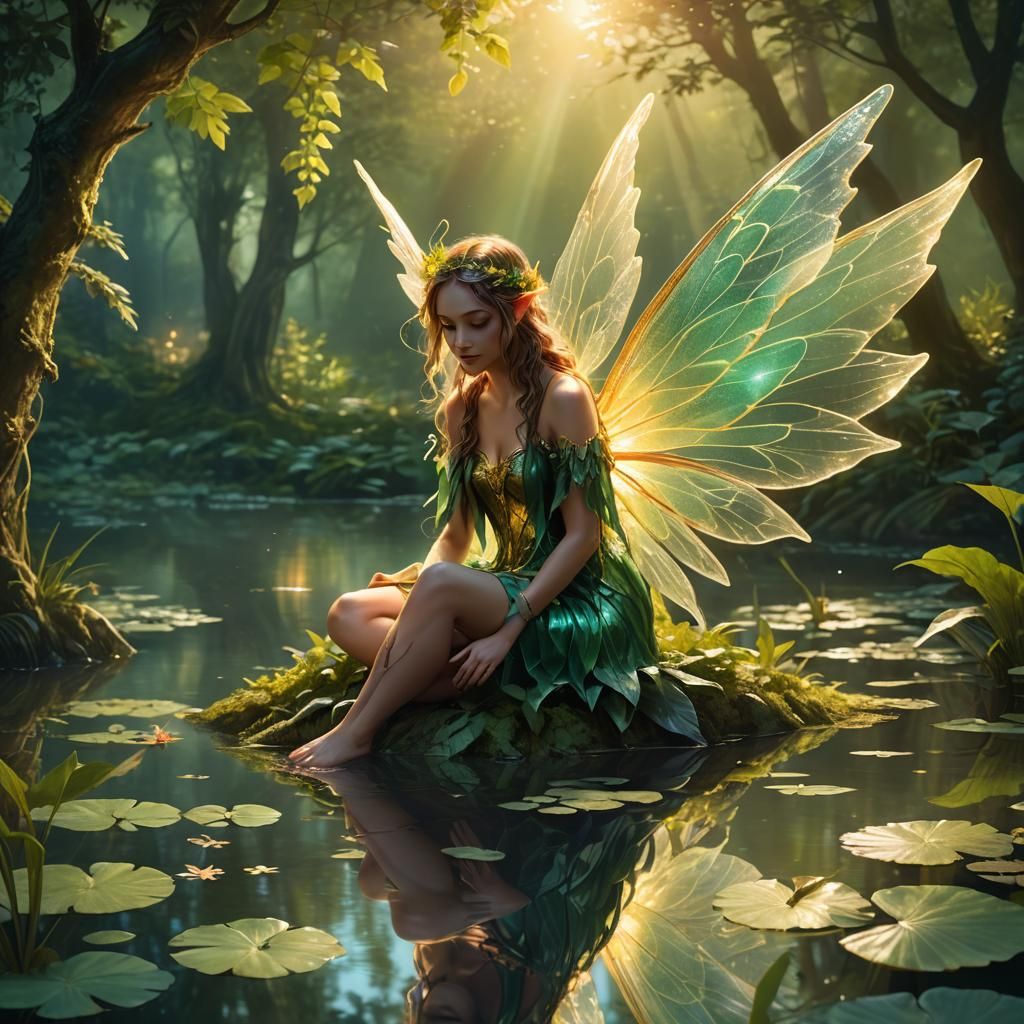 A mystical glowing fairy with delicate wings, sits on a vibr...