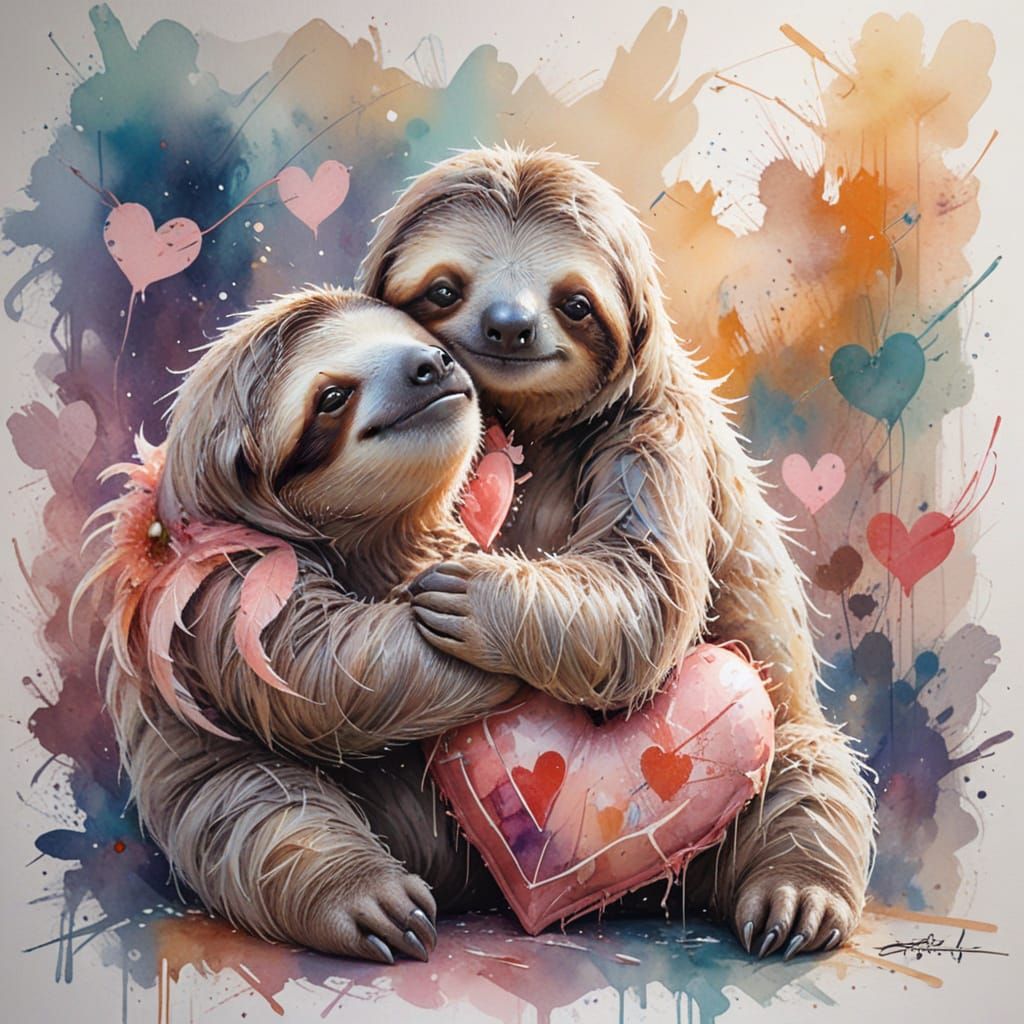 Gentle Sloth Hugging Heart in Watercolor Style