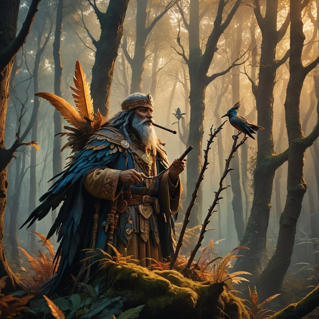 Mystical Bird Guardian Smoking Pipe in Forest