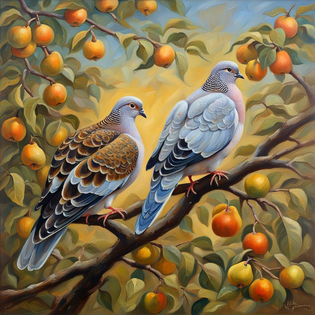 Turtle Doves in Pear Tree, Oil Painting