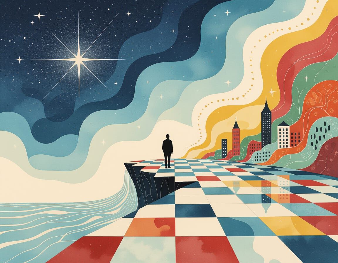 Figure Contemplating a Surreal Void in Pale Watercolor Style