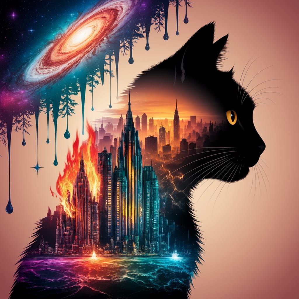 Galactic Cat Silhouette in Urban Abyss