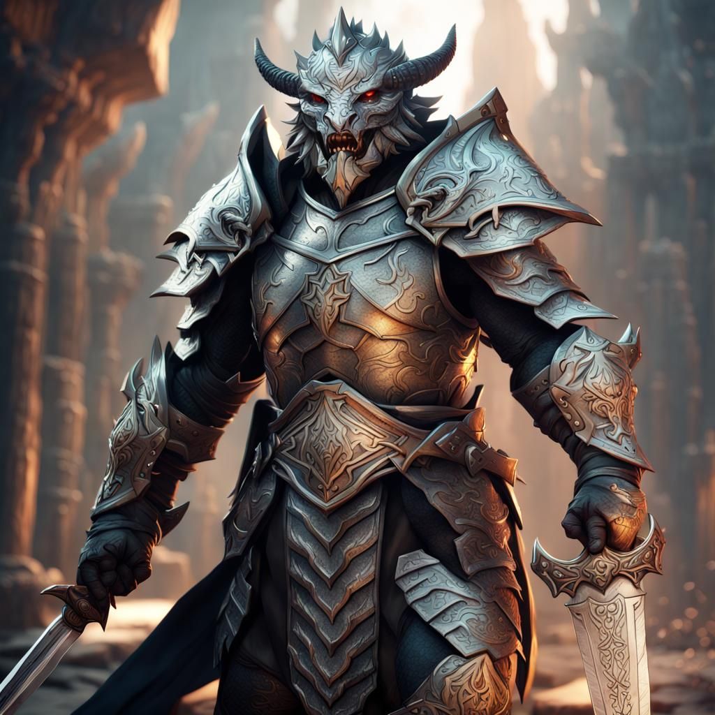 Platinum Dragonborn Paladin with Sword, Fantasy Art