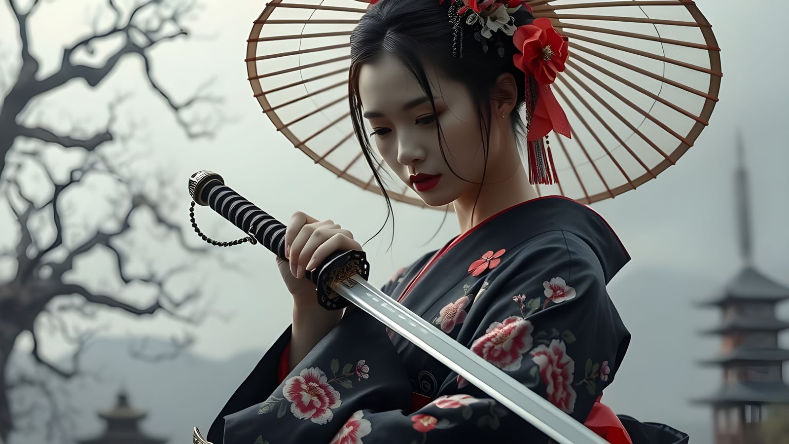 Mysterious Geisha Warrior in Black Kimono with Cherry Blosso...