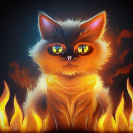 Cute Fire Cat Oil Painting with Cartoon Eyes