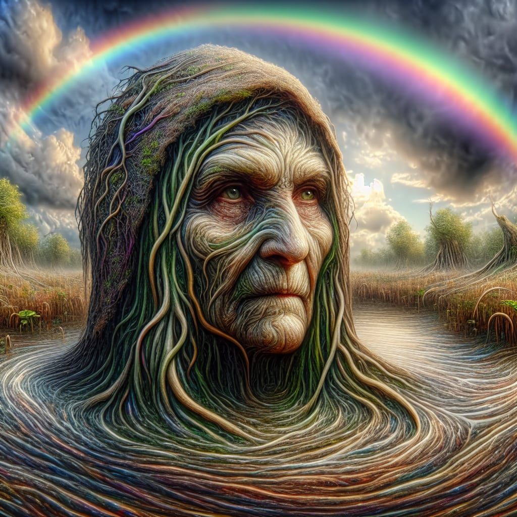 Mystical Swamp Hag in Rainbow Landscape, Photorealistic Port...