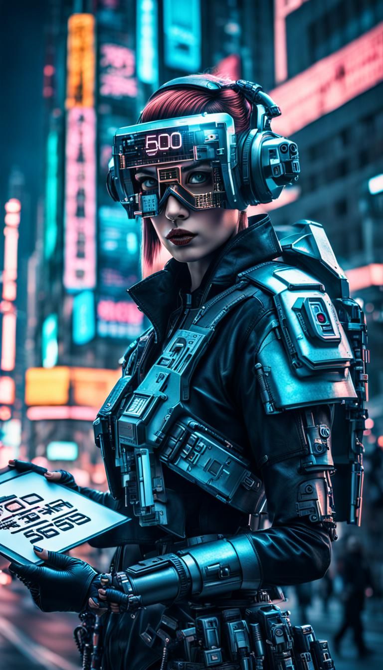 Cyberpunk Woman Holding Sign in Hyperrealistic Style