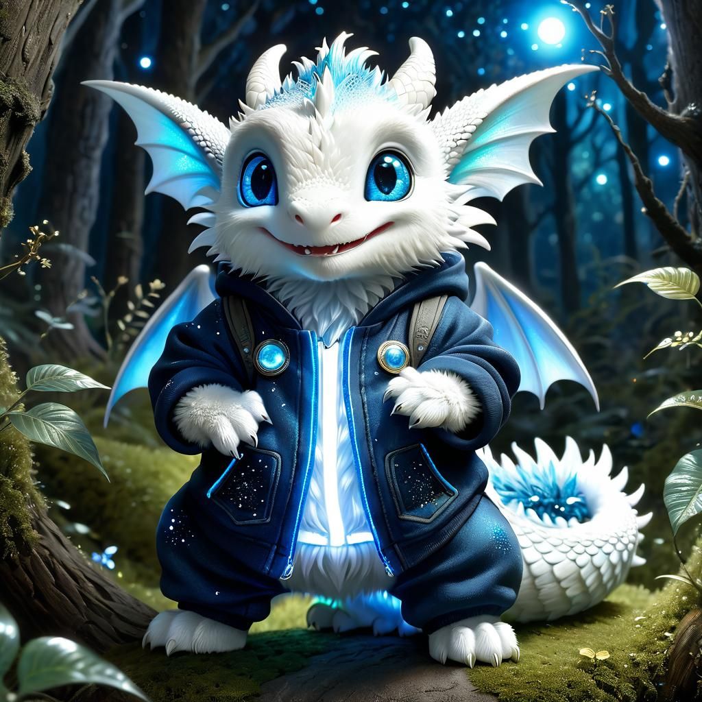 Adorable Baby Dragon in Sweatsuit in Enchanted Forest