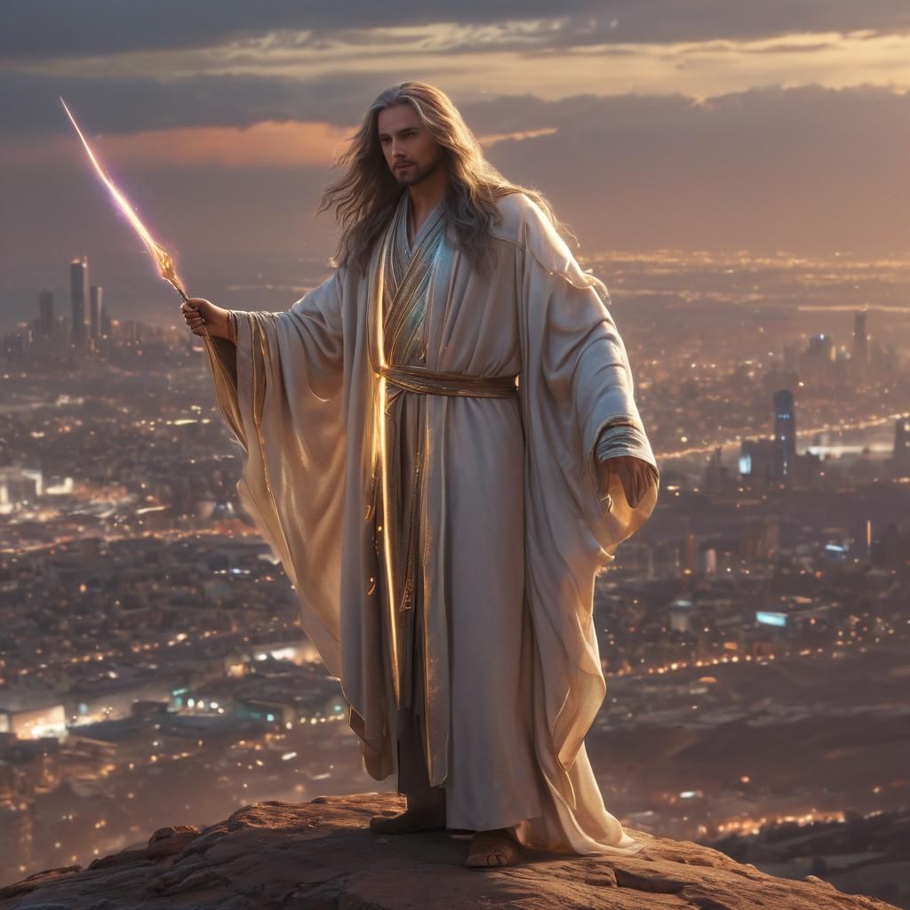 Ashtar Sheran Overlooking Futuristic Cityscape in Dreamy Sci...