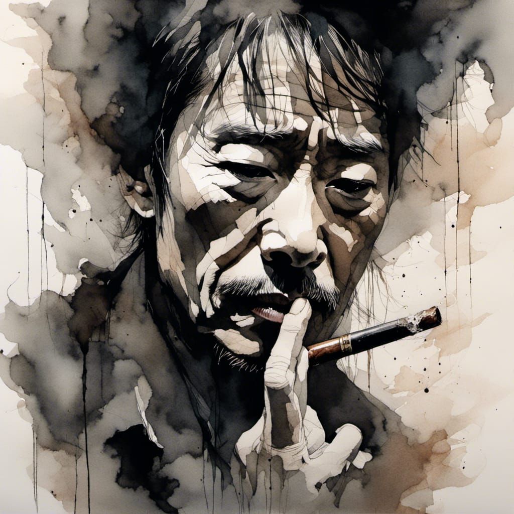 Japanese Man Smoking Cigar: Dramatic Ink Portrait