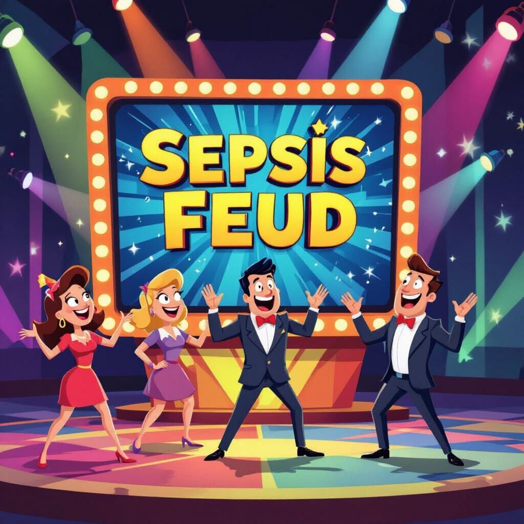 Vibrant Cartoon Game Show 'Sepsis Feud' with Lively Host