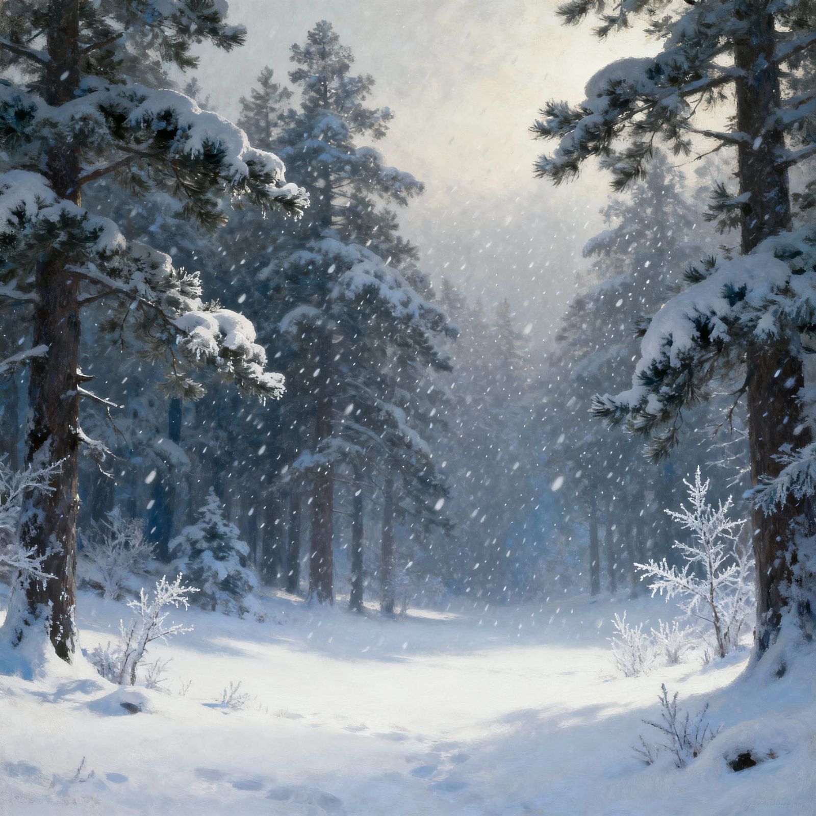Serene Snow Forest Clearing in Winter Light