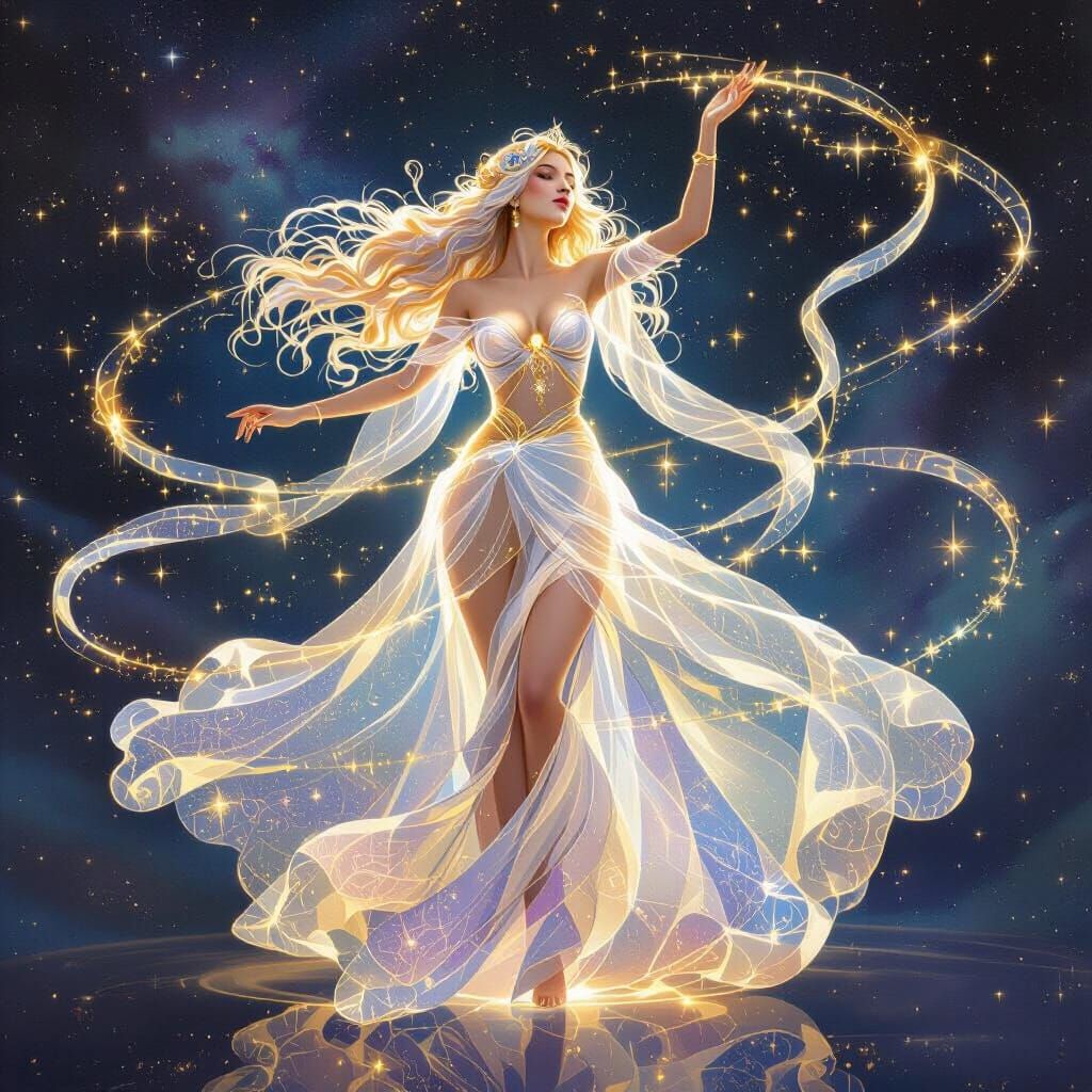 Celestial Woman Dancing on Cloud in Cosmic Light