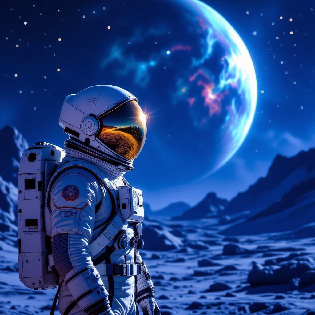 Astronaut Adrift in Space Reflecting Nebula, Crystalline Pla...