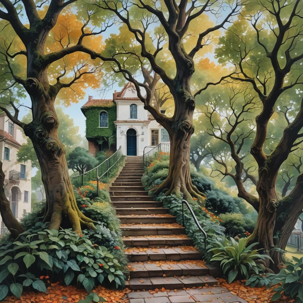 Hyperrealistic Landscape: Stairs to a Tree at Night