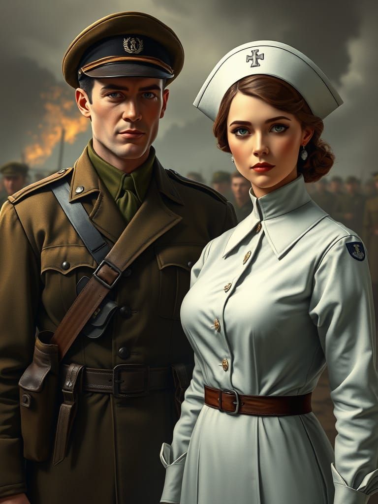 Dramatic World War I Scene with Lieutenant and Nurse, 1910s