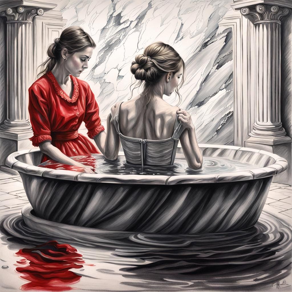 Brunette Woman in Marble Bathtub, Charcoal Drawing