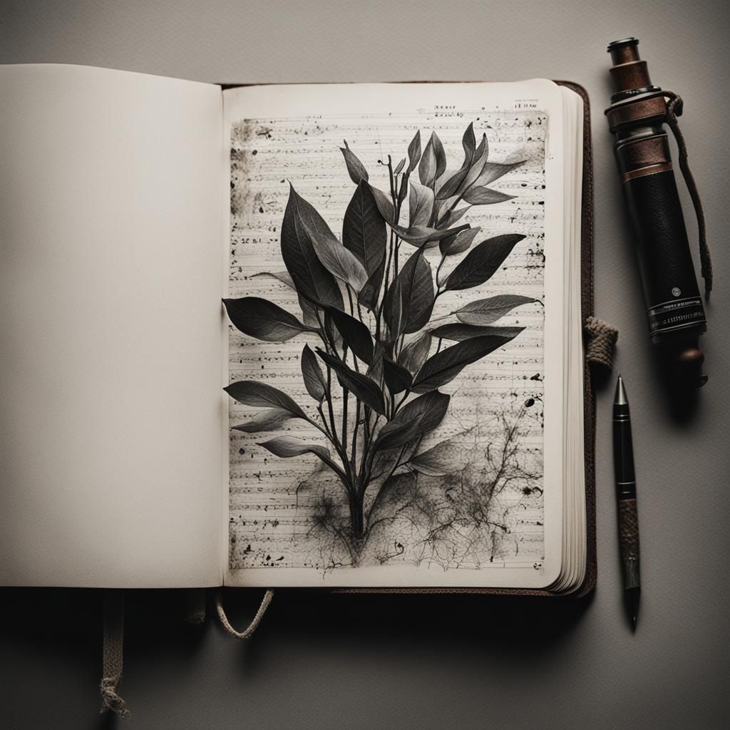 Botanical Ink Illustrations in Open Leather Notebook
