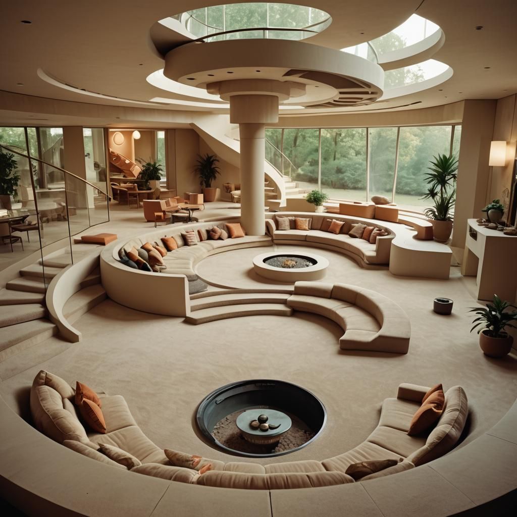 Retrofuturistic Sunken Living Room in 1970s Style