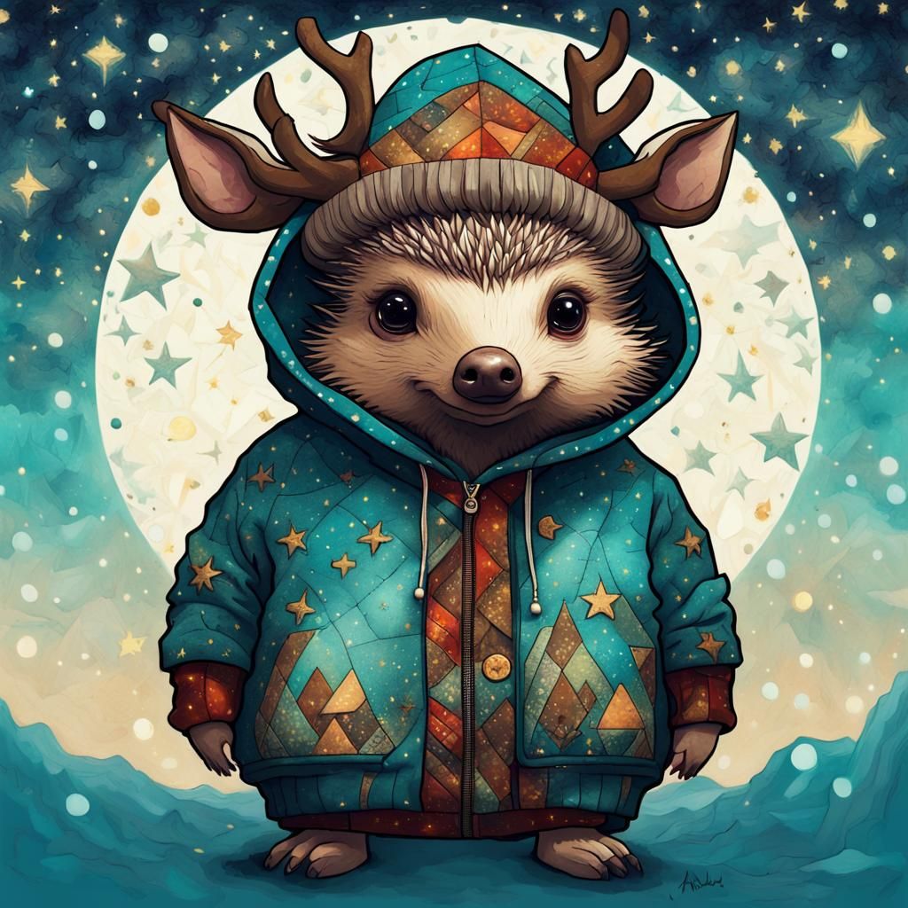 an adorable chibi hedgehog dressed up as reindeer wearing a patchwork hoody,  dark starry night, intense turquoise eyes,...