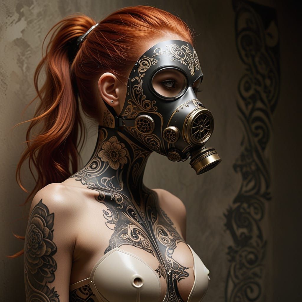 The composition showcases a woman adorned in a striking, intricately designed full head gas mask that diverges from trad...