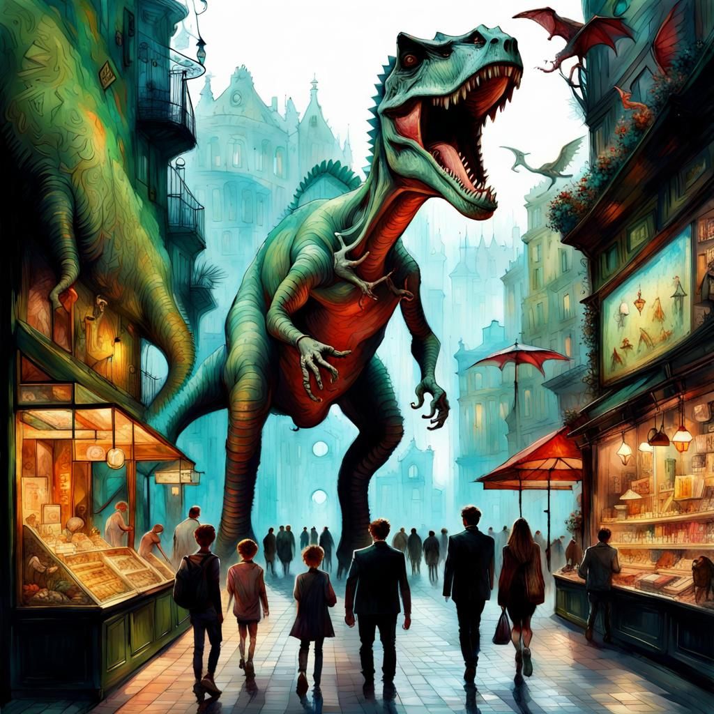 Dinosaur Theme Park in Collage Art Style