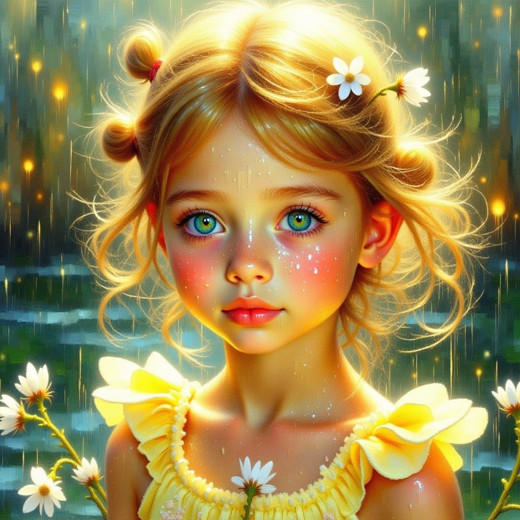 Whimsical Blonde Girl Gazing in Soft Rainy Light