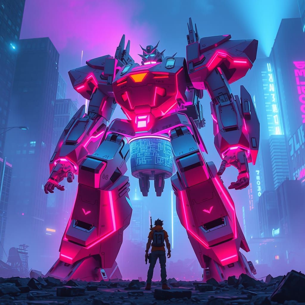 Synthwave Mecha Battle Robot in a Ruined City