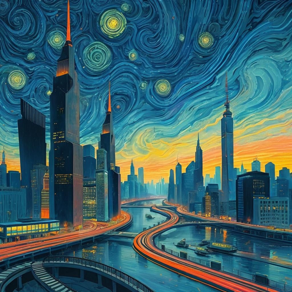 "Create a painting in the style of Van Gogh, depicting a futuristic city skyline."