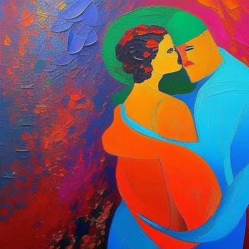 Embracing Figures in Expressionist Oil Painting