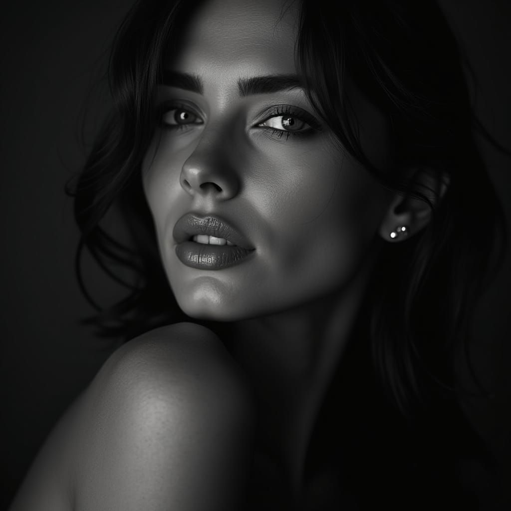 Dramatic Black and White Portrait in Studio Lighting