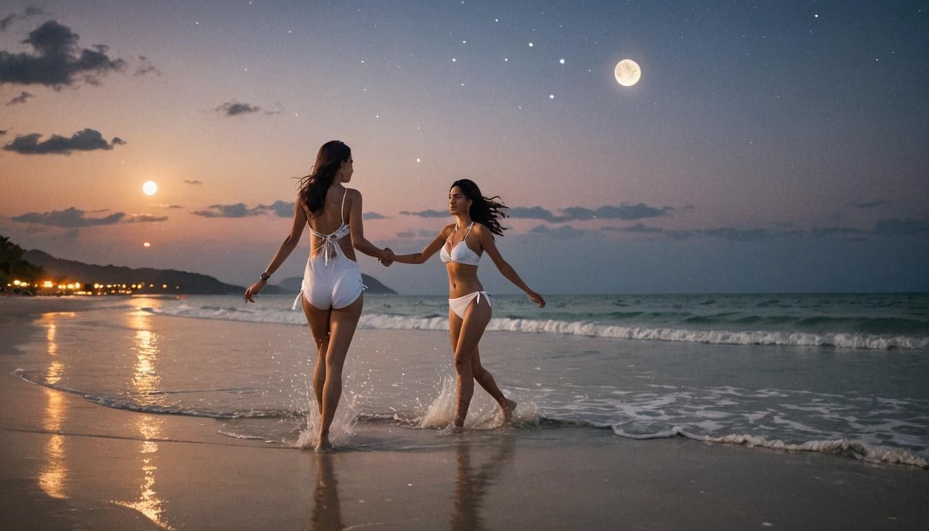 Woman on Tropical Beach at Night