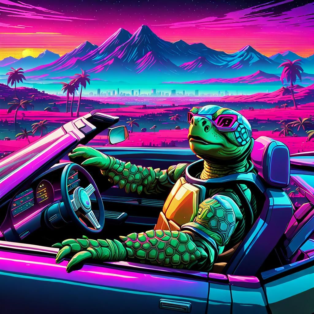 Synthwave Turtle Drives a Neon Convertible