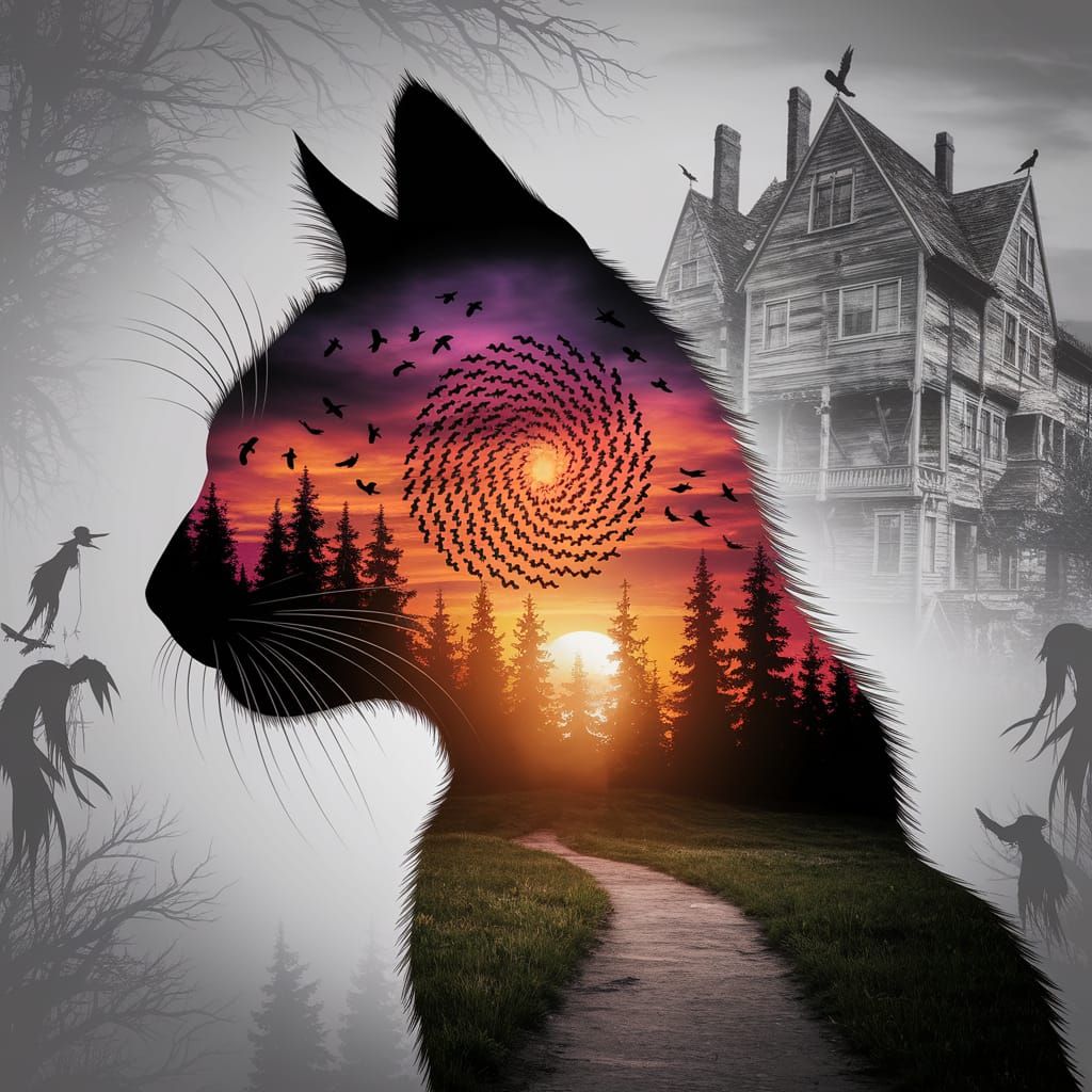 Fantasy Art: Cat Silhouette Filled With Forest and Mice