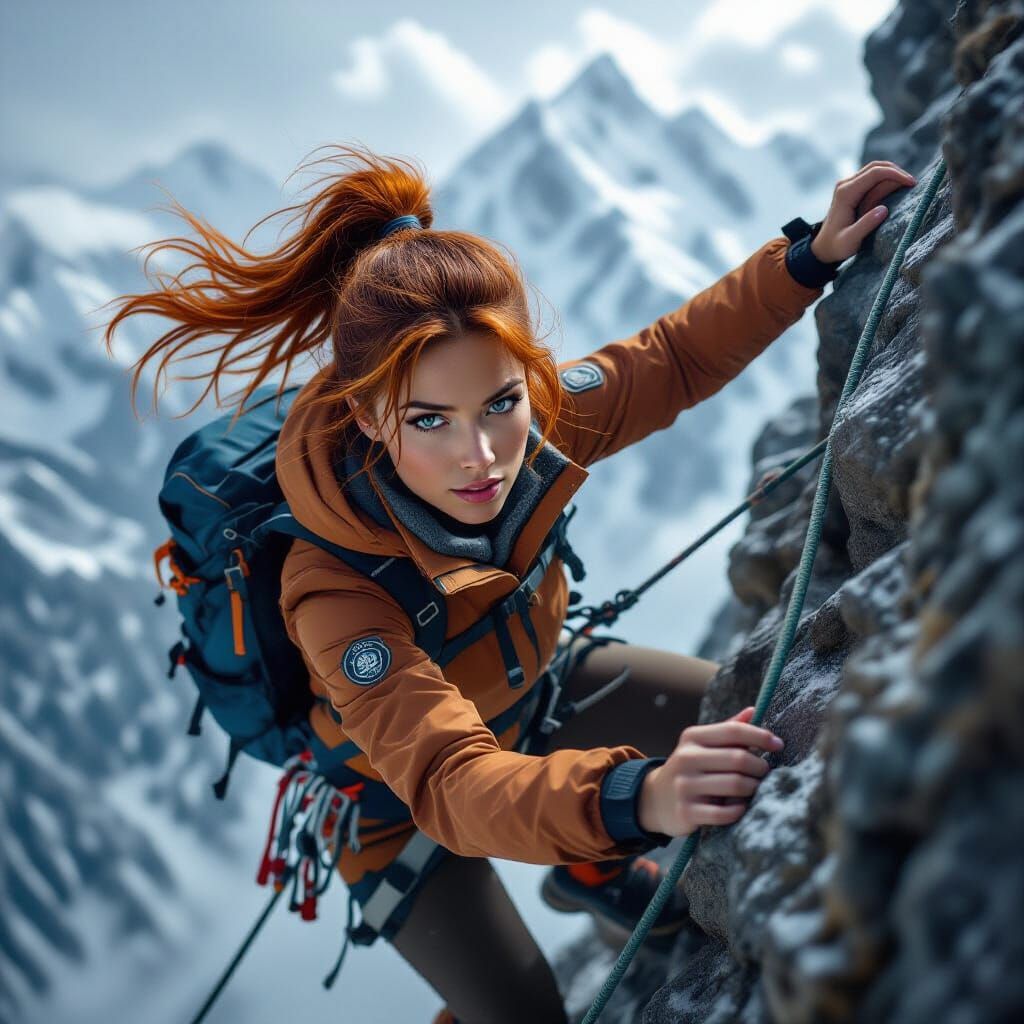 Woman Braving Storm on Dangerous Mountain Cliff
