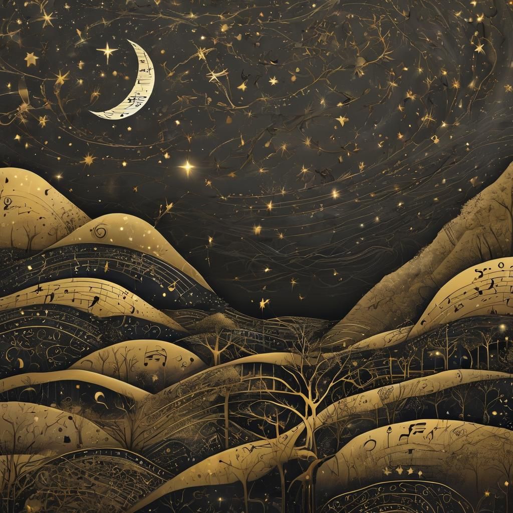 Musical Note Trees in Golden Nightscape, Line Art