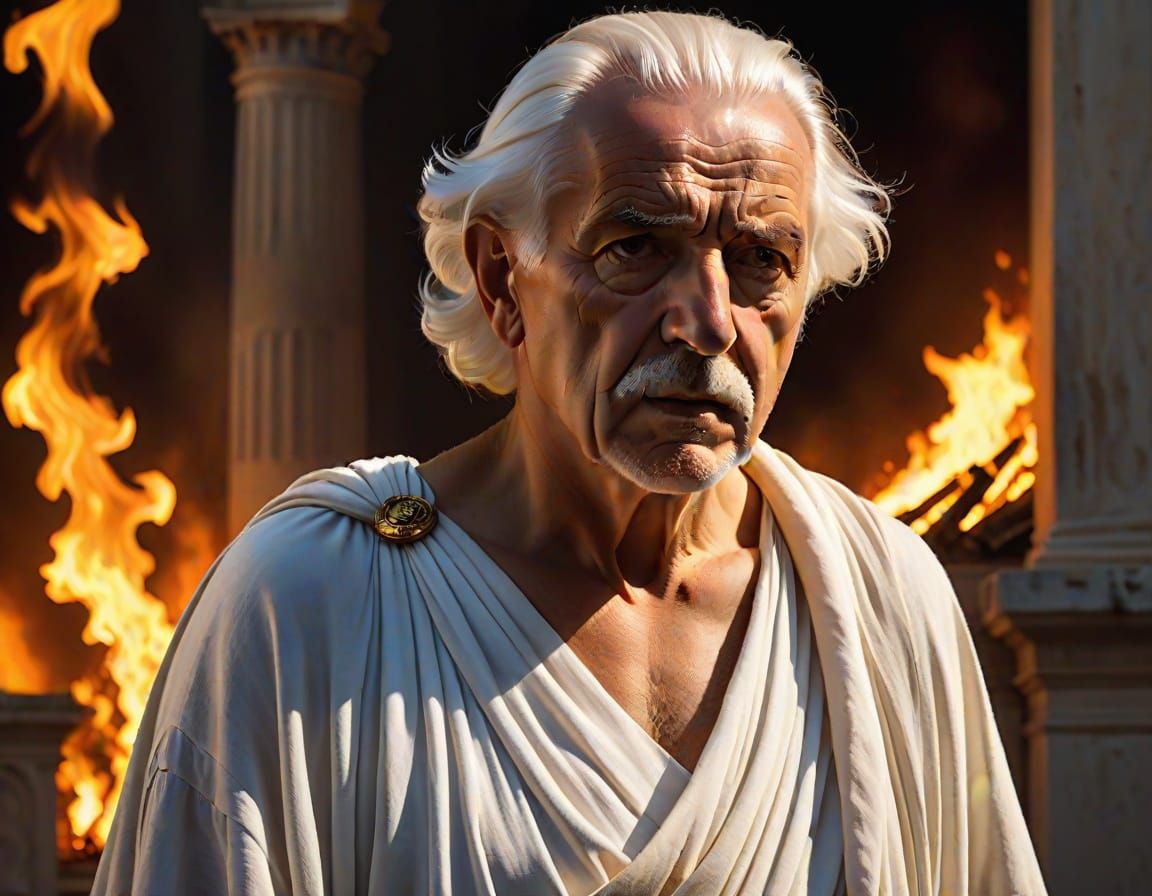 Dramatic Chiaroscuro of Greek Man Before Burning Building