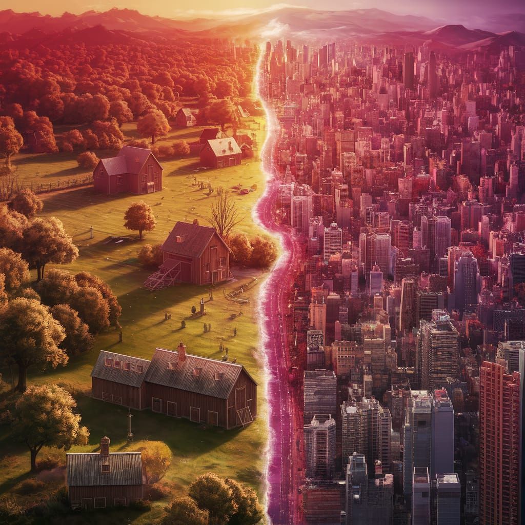 Fantastical Landscape: Rustic Farm Meets Bustling City