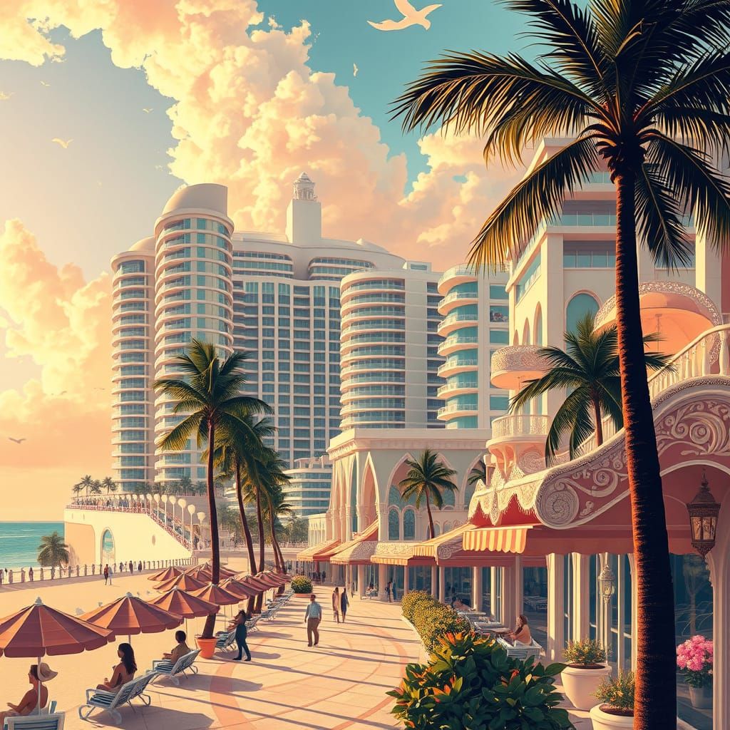 Elegant Art Nouveau South Beach Scene in Warm Golden Light