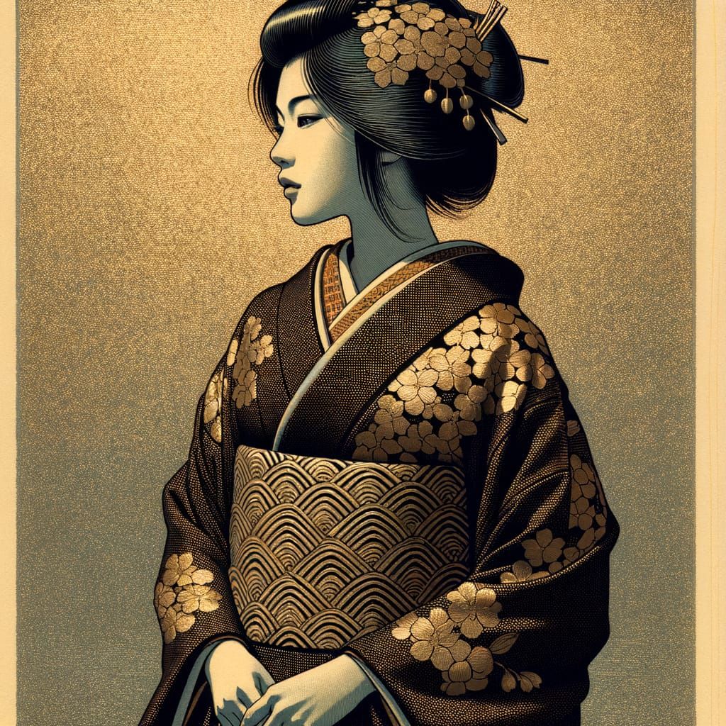 Japanese Woodblock Print of Woman in Kimono