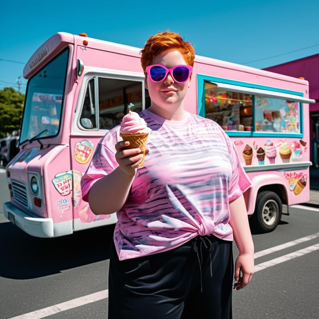 Ginger Woman in Karate Outfit Enjoys Ice Cream