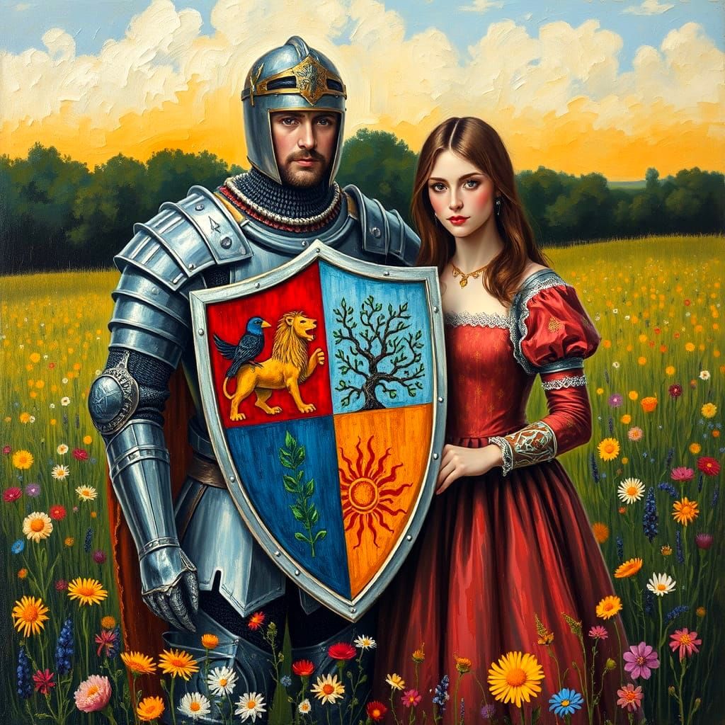 Medieval Knight in a Wildflower Meadow with Shield