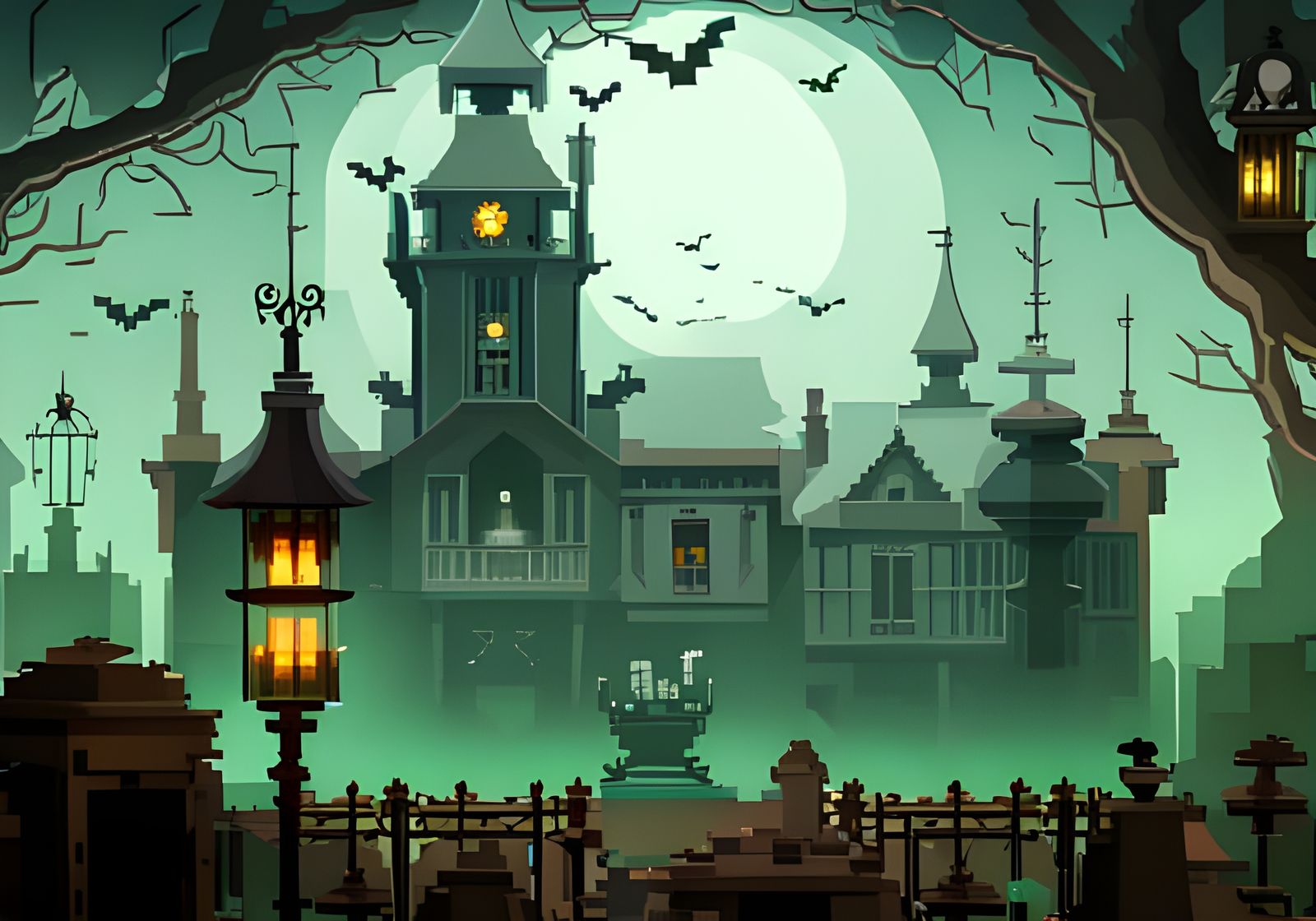 8-Bit Pixelated Haunted Mansion Pixel Art