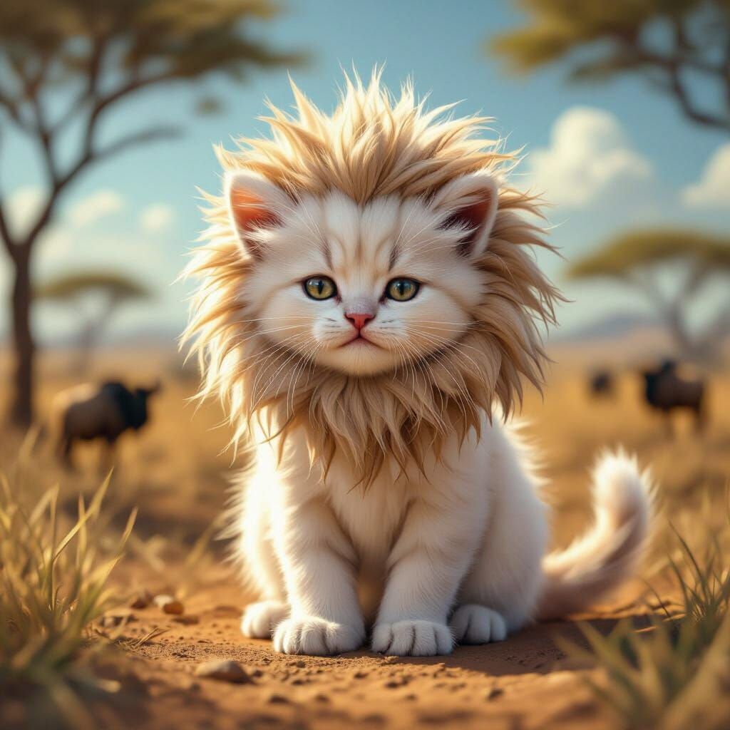 Fluffy Kitten Dressed as Lion on African Savanna