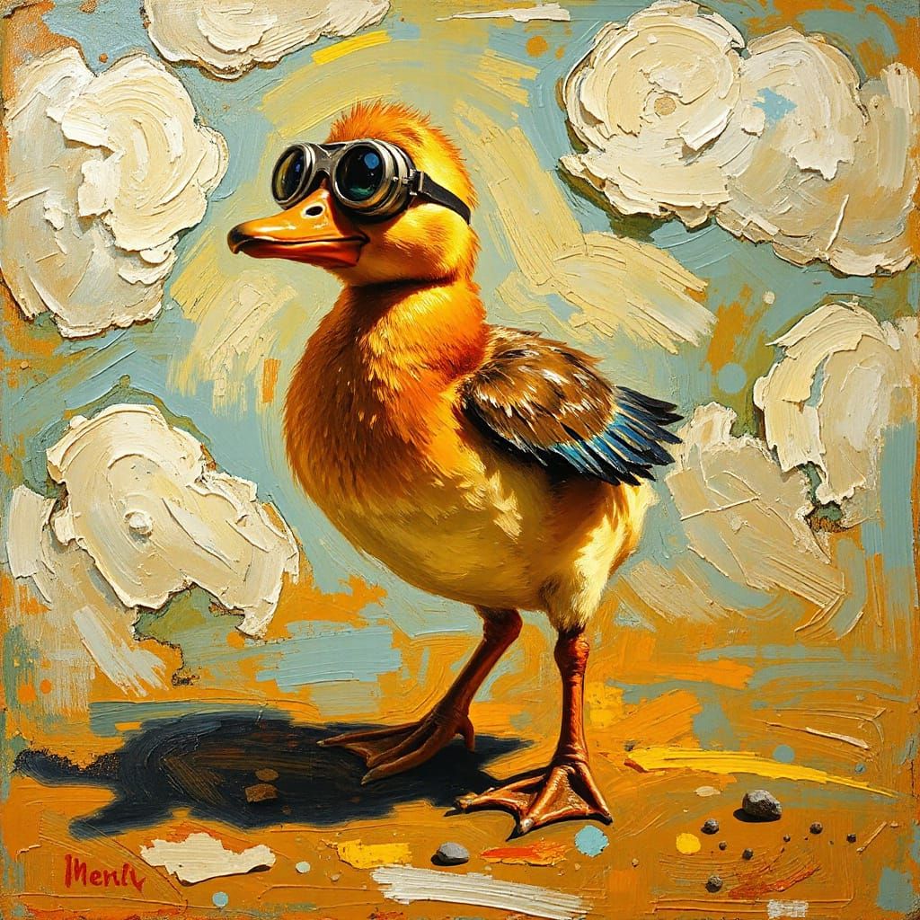 Steampunk Duckling Dance: Neo-Impressionist Oil Painting